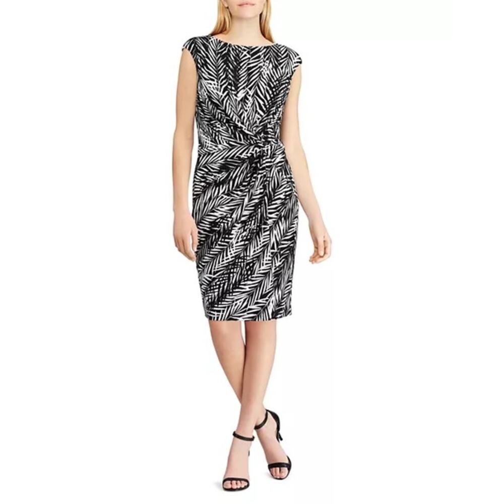 Ralph Lauren Joss Abstract Leaf Print Black White Midi Jersey Knit Dress Size 8